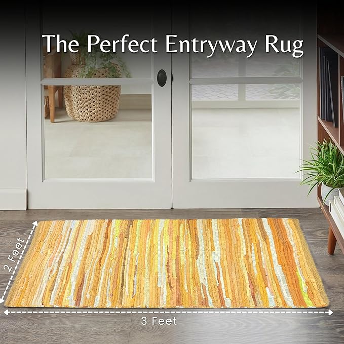 Cotton Hand Woven Chindi Rug 2x3 Feet - Mustard, Farmhouse Small Soft Durable Handmade Throw Carpet for Entryway, Kitchen, Laundry Room | Yellow Braided Textured Rectangular Rag Rugs for Bathroom