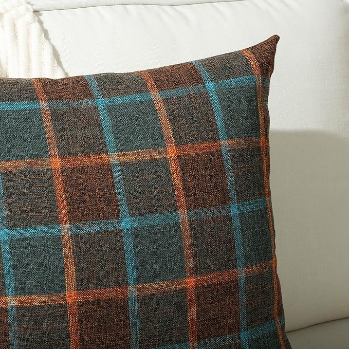 Stellhome Burlap Throw Pillow Covers Square Solid Linen Decorative Cushion Covers for Bed Couch Sofa Bench, 16 x 16 inch (40 cm), Blue and Orange, Set of 2