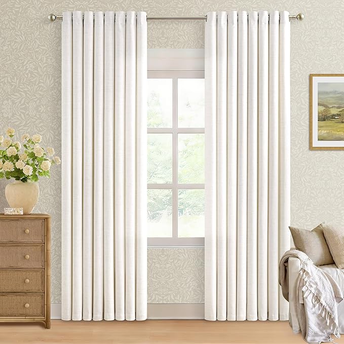 84 Inch Length 2 Panels Set Off White Linen Curtains Ivory Cream Colored Light Filtering Semi Sheer Grommet Drapes Thick Linen Privacy Non-See-Through Curtain for Living Room 52x84