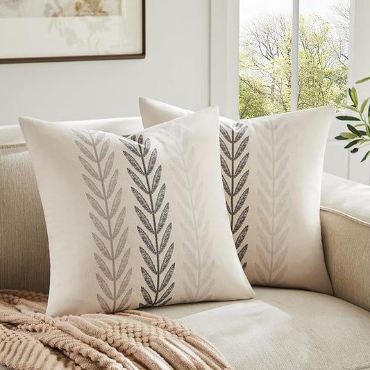 100% Cotton Farmhouse Leaves Throw Pillow Covers Set of 2, 24x24 Inch Mixed Grey Pastoral Decorative Print Cushion Covers for Sofa Bed Living Room Home Decor