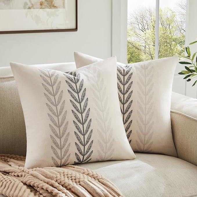 100% Cotton Farmhouse Leaves Throw Pillow Covers Set of 2, 16x16 Inch Mixed Grey Pastoral Decorative Print Cushion Covers for Sofa Bed Living Room Home Decor