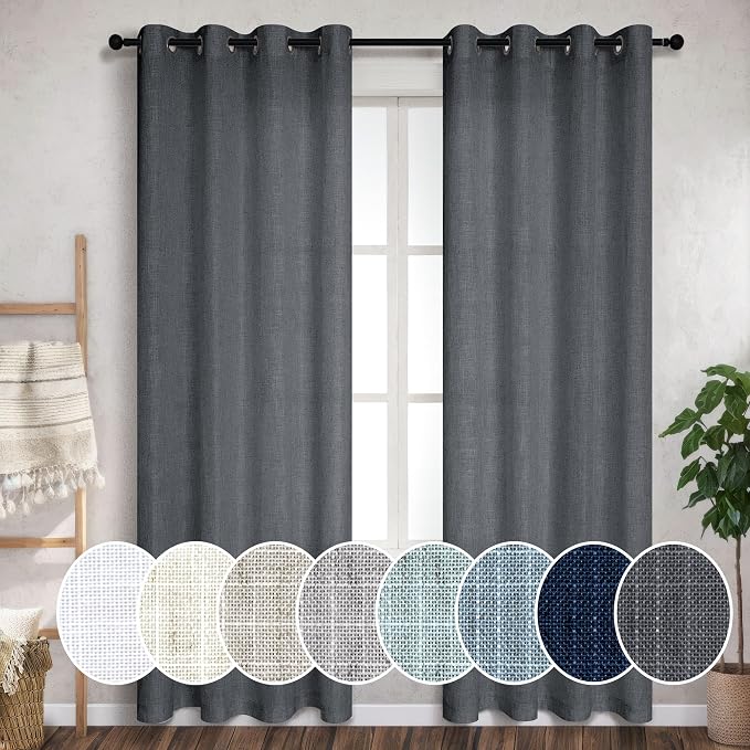 Grey Living Room Curtains 96 Inches Long 2 Panels Grommet Eyelet Neutral Linen Sheer Soft Cotton Modern Farmhouse Drape Light Filtering Semi Sheer Charcoal Gray Curtain Ceiling to Floor 52x96 Length
