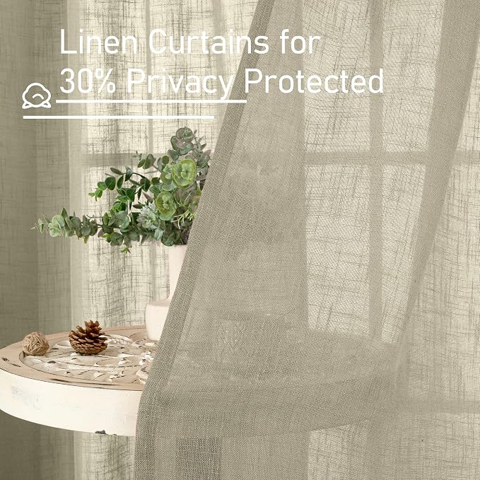 LAMIT Short Linen Curtains 30 Inch Length for Cafe, Semi Sheer Light Filtering Panels Back Tab and Rod Pocket Room Decor Drapes for Basement/Small Window, Oatmeal, 2 Panels, 34 x 30 Inch