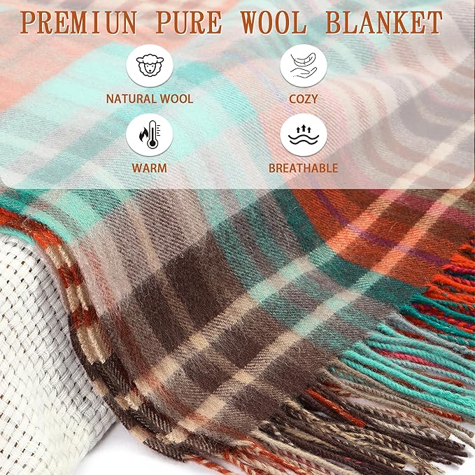 Soft Pure Wool Throw Blanket, Lightweight Warmth, 55"x83", Plaid, Fringe, Compact with Bag, Useful Gift for Women Men, All Season Decorative Cozy Travel Blanket for Couch Bed, Outdoors