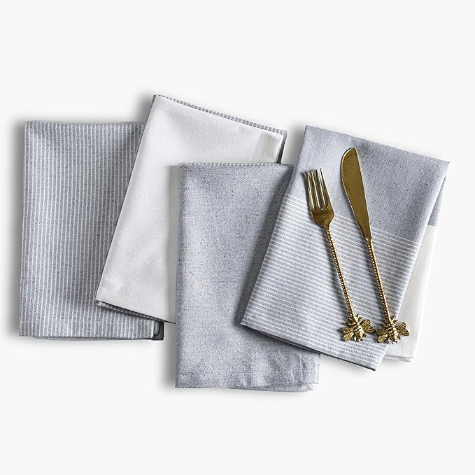 Ramanta Home Cloth Napkins Set of 4 18x18 Inches - Spring Basket Decor Block Striped Dinner Napkins for Easter Farmhouse Wedding, Washable Soft Cotton Durable Table Linen for Everyday Use - Grey
