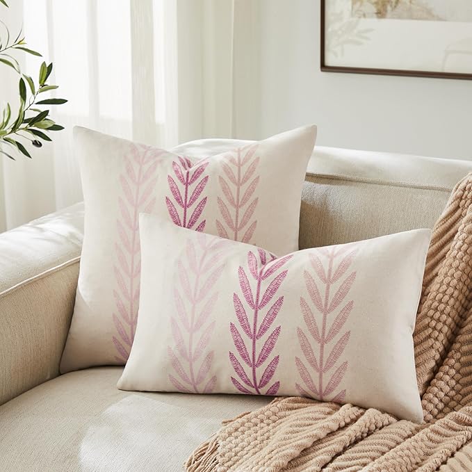 100% Cotton Farmhouse Leaves Throw Pillow Covers Set of 2, 16x16 Inch Mixed Pink Pastoral Decorative Print Cushion Covers for Sofa Bed Living Room Home Decor