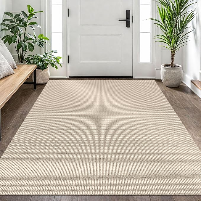 EARTHALL Woven Area Rug 4x6 Ft Washable Rugs for Entryway Non Slip Braided Throw Rugs Bedroom Carpet Cotton Entry Rug Cotton Floor Carpets for Bedroom Dining Room Living Room, Beige/Ivory