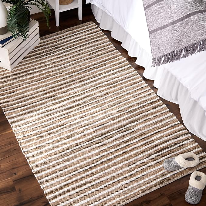 DII Chindi Home Collection Cotton Handwoven Slim Stripe Area Rag Rug, 4x6', Taupe