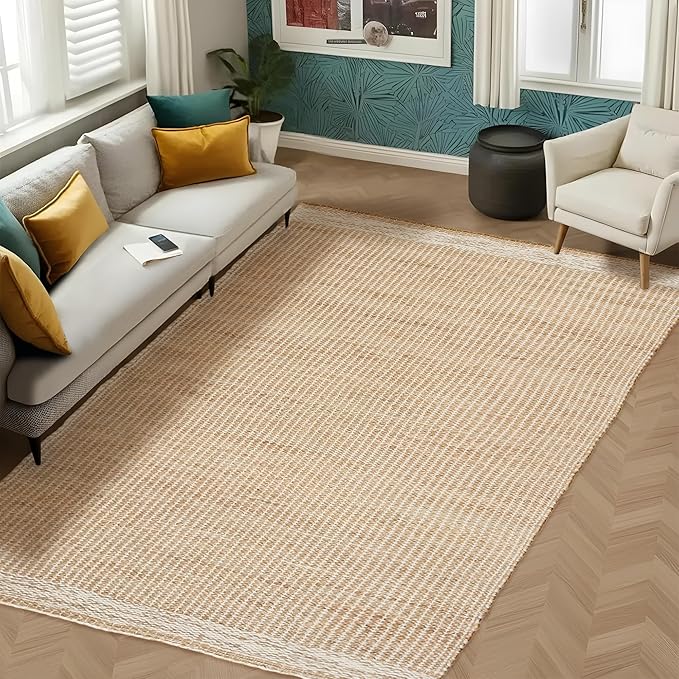 5' x 8' Jute & Wool Area Rug Handwoven Mini Check Pattern with 4-Inch Border – Natural Farmhouse Living Room, Dining & Bedroom Rug, Neutral Flatweave Indoor Décor (5' x 8')