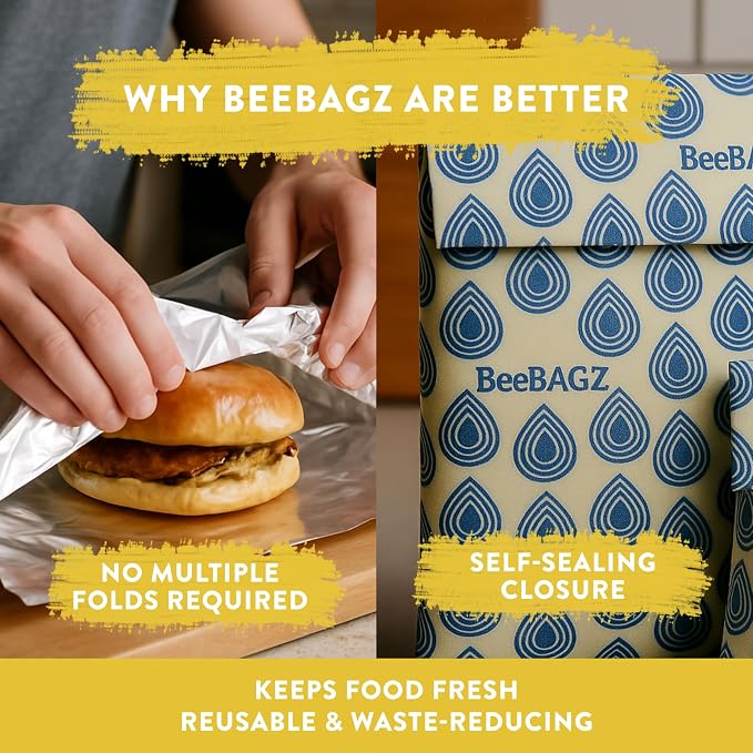 BeeBAGZ - Beeswax Wrap Storage Bag, Vegan Reusable Food Storage Bags, Pack of 2, Plastic Free Biodegradable Food Wrap Alternative, Snack Pack, 1 Small + 1 Medium, (Multicolors)