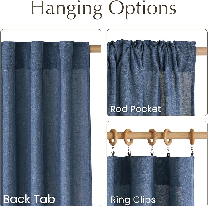 NICETOWN Navy Blue Linen Blend Living Room Curtains, Rod Pocket & Back Tab Privacy Added Thick Linen Weave with Light Filtering Window Treatments for Bedroom, W55 x L102, 2 Panels