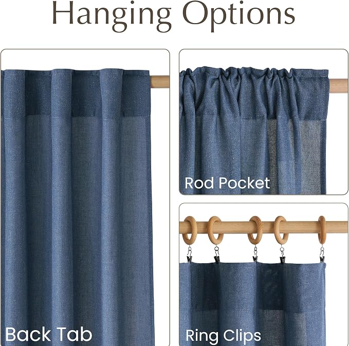 NICETOWN Thick Linen Navy Blue Curtains for Bedroom, Rod Pocket & Back Tab Flax Semi-Sheer with Light Filtering Window Treatments Privacy Assured for Living Room, W55 x L84, 2 Panels