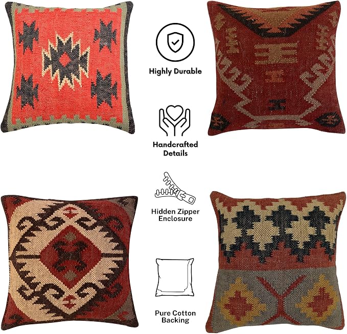 Trade Star 70% Jute 30% Wool Pillow Cover Throw Pillow Cover Ethnic Rug Pillow Covers Authentic Decorative Thick Cushion Case Kilim Cushion Cover Set of 4 Decorative Handwoven Pillowcase (Kilim 4)