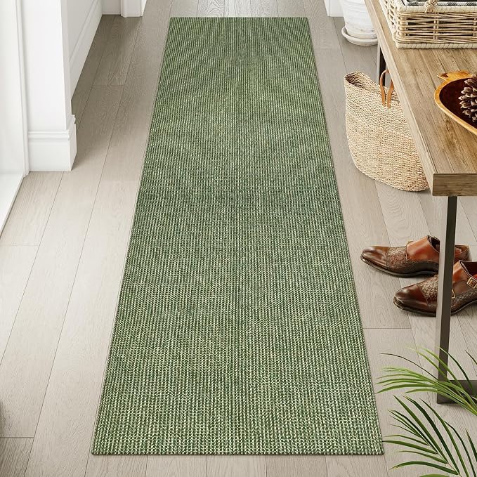 Uphome Long Hallway Runner Rug, 2x8 Washable Boho Kitchen Rug Runner, Non Slip Braided Cotton Famhouse Entryway Runner Rug Low Pile, Stain Resistant Floor Runner for Hallways Doorawy Bedroom, Green