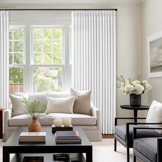 80 Inch Pinch Pleated Linen Curtains 2 Panels Set for Living Room Bedroom Boho Farmhouse Thick Linen Textured Semi Sheer Back Tab Pinch Pleat Hooks Rings Window Curtain Snow White 50 by 80 Length