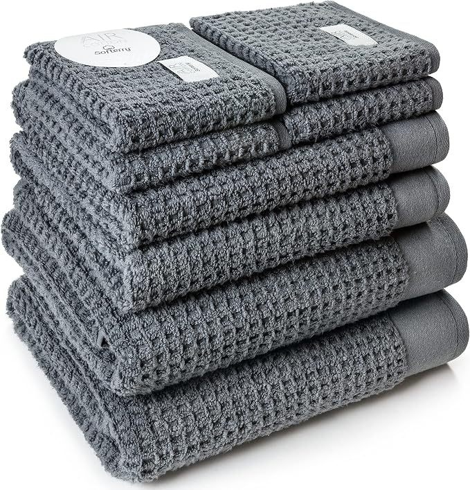 Softerry Waffle Bath Towel Set - 100% Soft Cotton - Plush and Extra Absorbent - Luxury Hotel & Spa Quality - Fade Resistant - Eco-Friendly (Space Gray, Set of 8 Towels)