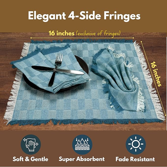 Native Fab Herringbone Cloth Napkins 16x16 inches, 100% Cotton Dinner Napkins with Fringes, Set of 12, Machine Washable Cloth Napkins, Soft Breathable Absorbent, Teal Green