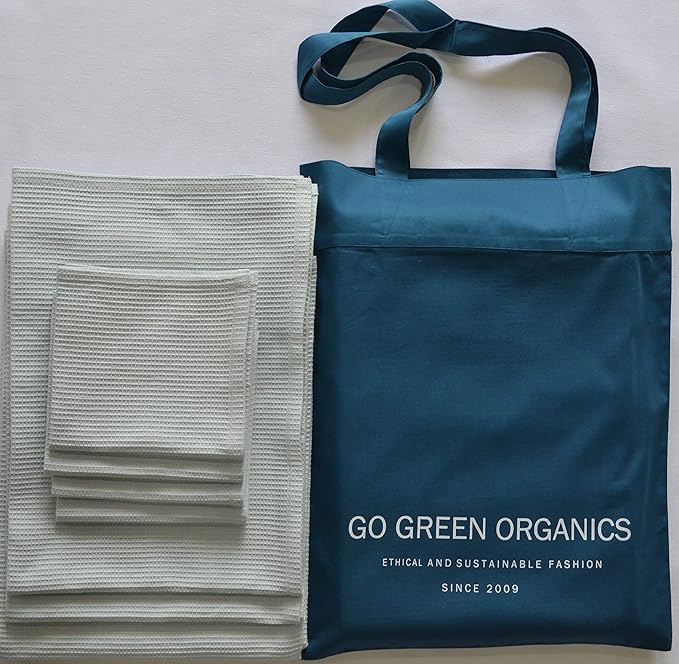 Bath Towel Set Waffle Organic Cotton GOTS Certified Blue Mist Super ABSORBANT & Quick Dry NO SOFTENERS Environment Friendly1xBATH 58x30.5, 2xHAND 29x20, 4xFACE 12x12INCH