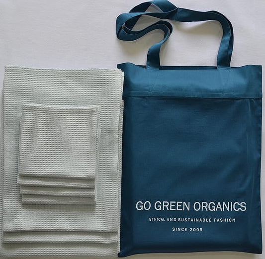 Bath Towel Set Waffle Organic Cotton GOTS Certified Blue Mist Super ABSORBANT & Quick Dry NO SOFTENERS Environment Friendly1xBATH 58x30.5, 2xHAND 29x20, 4xFACE 12x12INCH