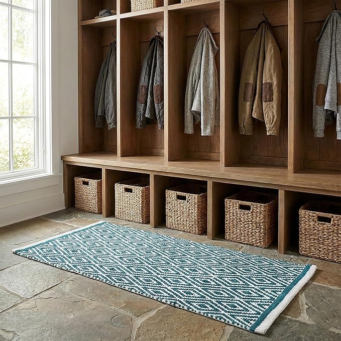 Chenille Cotton Diamond Runner Rug 2x5 Feet - Teal, Reversible Washable Soft Floor Runners Ideal for Kitchen, Hallway, Bedroom, Bathroom | Green Farmhouse Boho Indoor Use Rugs for Patio Décor