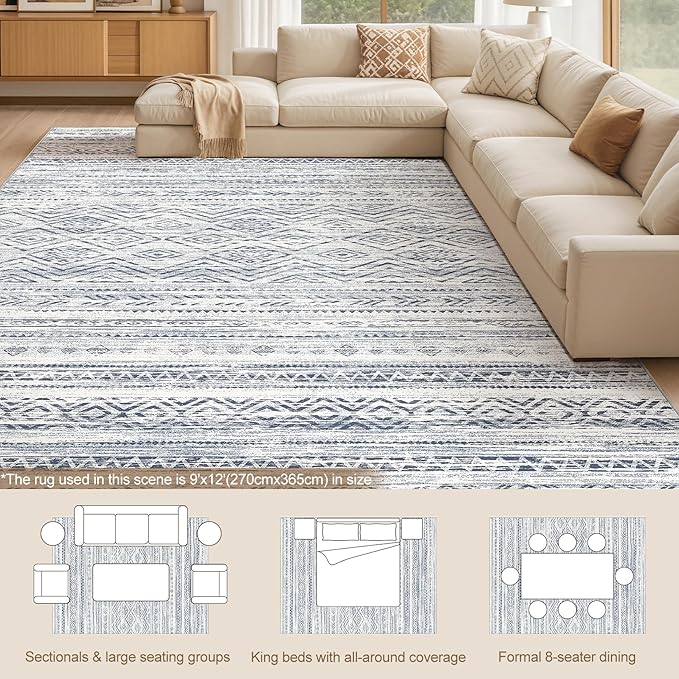 Tortania Area Rug Living Room Rugs- 9x12 Washable Large Soft Neutral Boho Moroccan Bohemian Farmhouse Rug Indoor Floor Carpet for Bedroom Under Dining Table Home Office Decor - Dark Blue