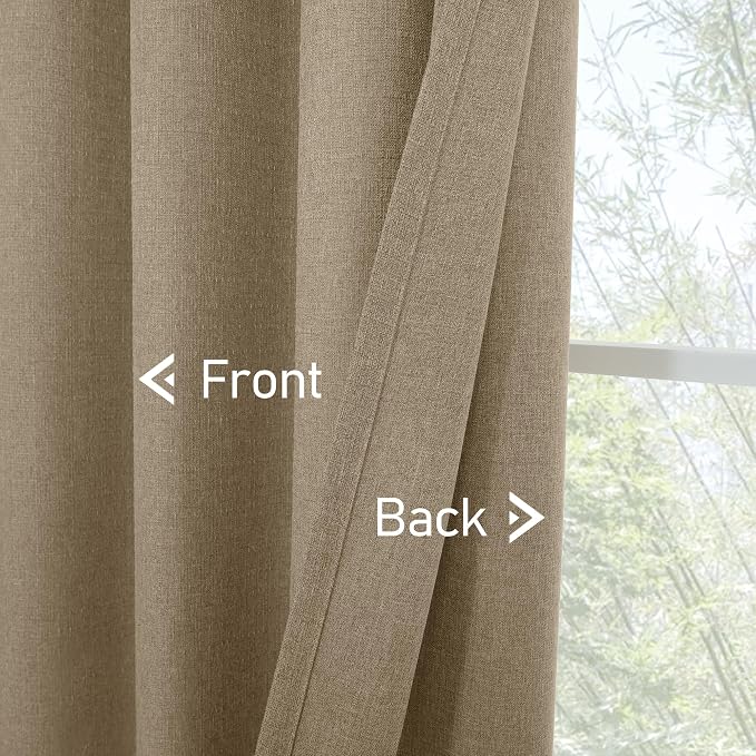 LAMIT Natural Linen Curtains 45 inch Length 2 Panels, Linen Textured Thermal Insulated Bedroom Curtains Grommet Privacy Light Filtering Drapes for Living Room/Farmhouse, W52 x L45, Tan Brown