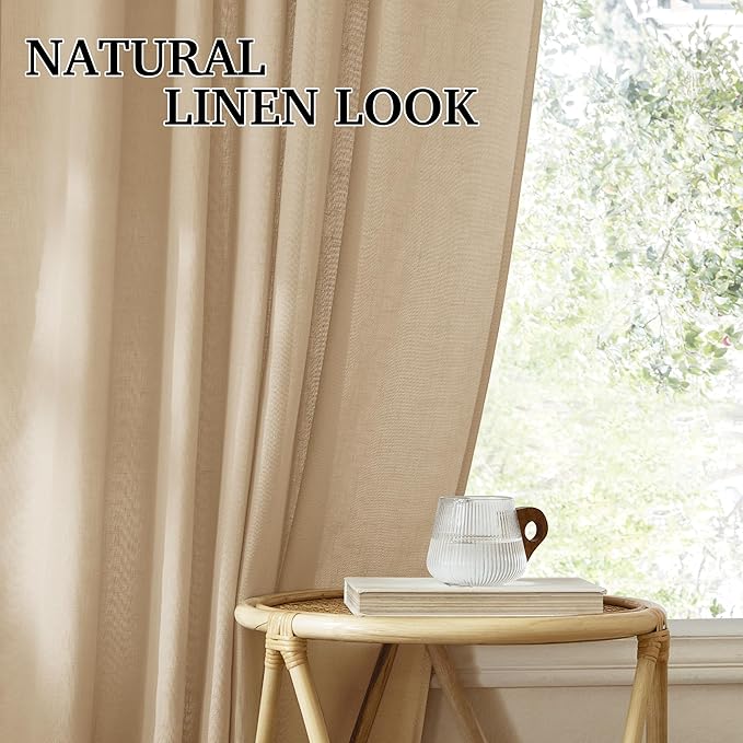 RYB HOME Camel Linen Sheer Curtains 95 inches Length, Aesthetic Light Filtering Airy Half Privacy Gauze Curtain Cortina for Home Office Farmhouse, W 52 x L 84, 2 Pieces