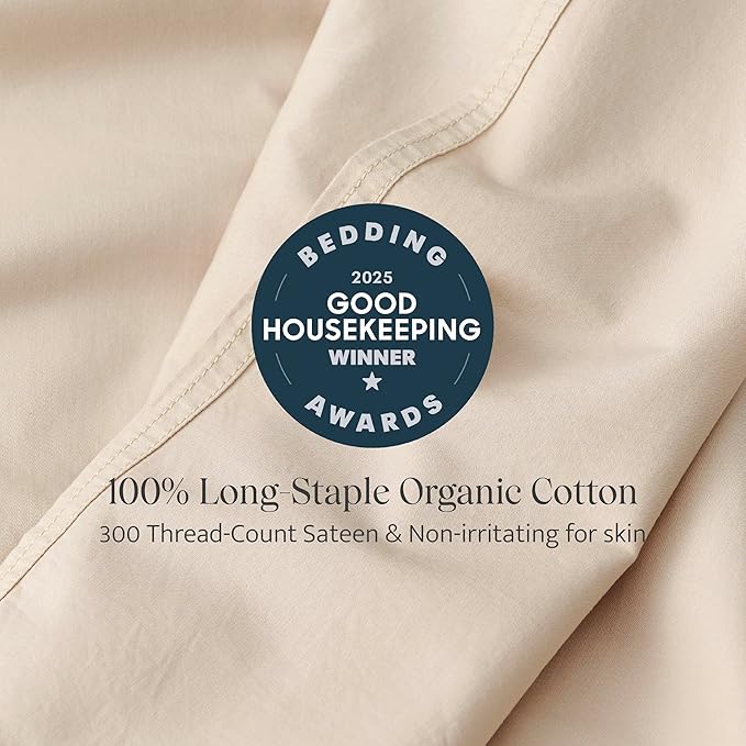 Double Stitch 100% Organic Cotton Sheets, Queen Sheet Set, GOTS Certified Long Staple Cotton Bedsheets, Luxury & Soft Hotel Bed Sheets with 16 inches Deep Pocket, Made in India Beige
