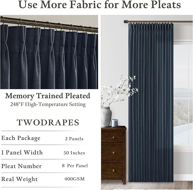 Navy Blue Pinch Pleated Linen Curtains 2 Panels Set for Living Room Bedroom Modern Memory Trained Semi Sheer Light Filtering Window Drapes with Hooks & Rings for Dining Room 50x84 Dark Blue Indigo