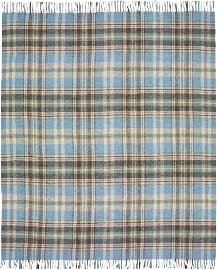 Moon Wool Plaid Throw Blanket, Pure New Wool, Glen Coe Aqua, Made in UK