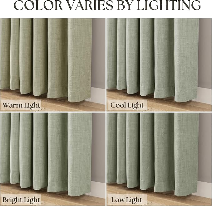 Sage Green Linen Curtains 63 Inch Length 2 Panels Set For Living Room, Bronze Grommet Semi Sheer Flax Light Filtering Boho Drapes Window Bedroom Curtains 63 Inch Long Kitchen Dining Room Light Green