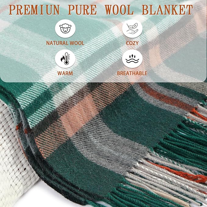 Soft 100% Wool Throw Blanket, Lightweight Warmth, 55"x83", Compact with Bag, Fringe, Plaid, Useful Gift for Women Men, Spring Summer Cozy Travel Blanket for Couch, Airplane, Car, Outdoors