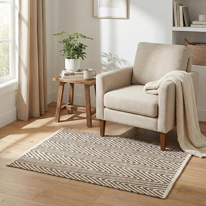Cotton Chevron Hand Woven Area Rug 2x3 Feet - Beige, Farmhouse Decorative Floor Small Rugs Ideal for Entryway, Kitchen, Bedroom | Linen Washable Neutral Geomatric Reversible Front Door Patio Mats