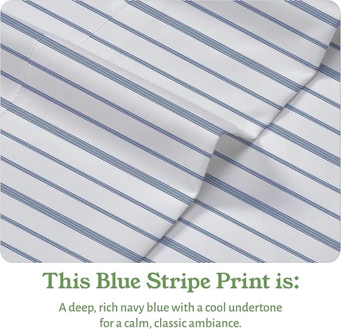 California Design Den Blue Stripe Sheets, 100% Organic Cotton Percale Sheets, Deep Pocket Twin XL Sheets & Pillowcase Set - Blue Stripe