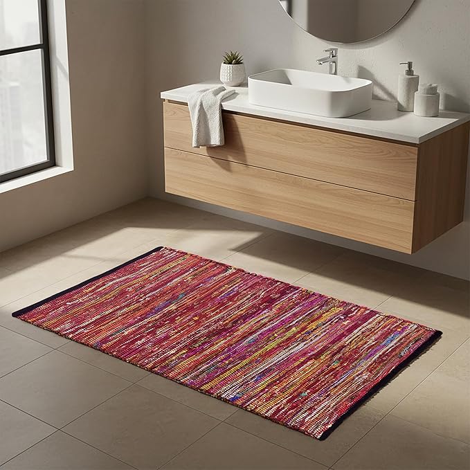 Cotton Hand Woven Area Rug 2x3 Feet - Multi, Colorful Durable Small Bohemian Decorative Rag Rugs Ideal for Entryway, Kitchen, Bedroom | Red Farmhouse Reversible Soft Door Way Floor Mat for Balcony