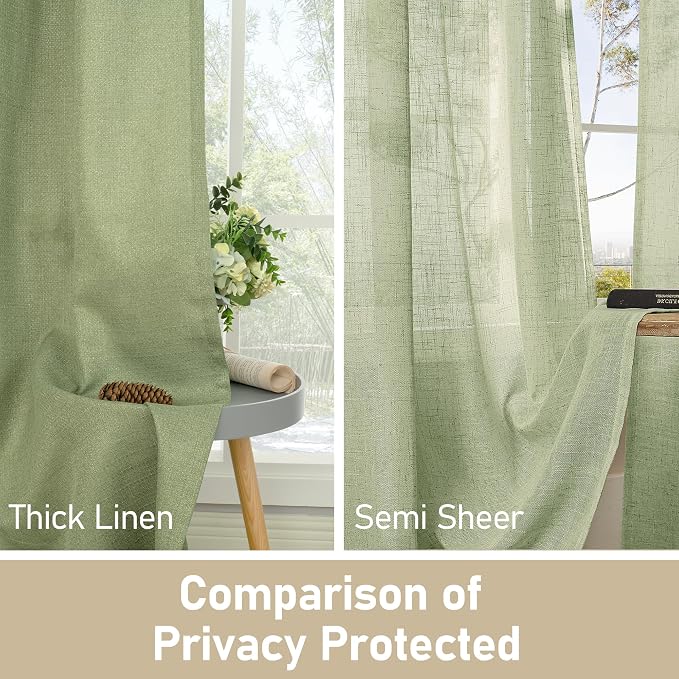 LAMIT Sage Green Linen Curtains for Living Room 84 inch Length, Spring Room Decor Linen Textured Light Filtering Curtains with Grommet for Bedroom/Farmhouse, Set of 2 Panels, W52 x L84