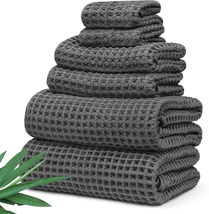 Alusa Home Viscose from Bamboo Waffle Towels - Lightweight Bath Towel Set of 6 - Compact, Quick Dry & Lint Free (Granite Grey)