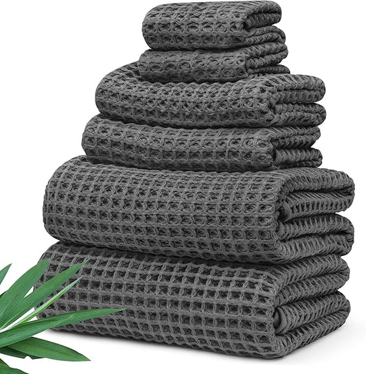 Alusa Home Viscose from Bamboo Waffle Towels - Lightweight Bath Towel Set of 6 - Compact, Quick Dry & Lint Free (Granite Grey)