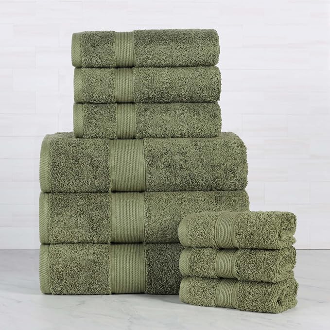 Superior 100% Organic Cotton 9-Piece Towel Set, 3 Bath Towels, 3 Hand Towels, 3 Face Towels/Washcloth, Daily Use, Bathroom, Guest Bath, Absorbent, Home Essentials, Oregon Collection, Forest Green