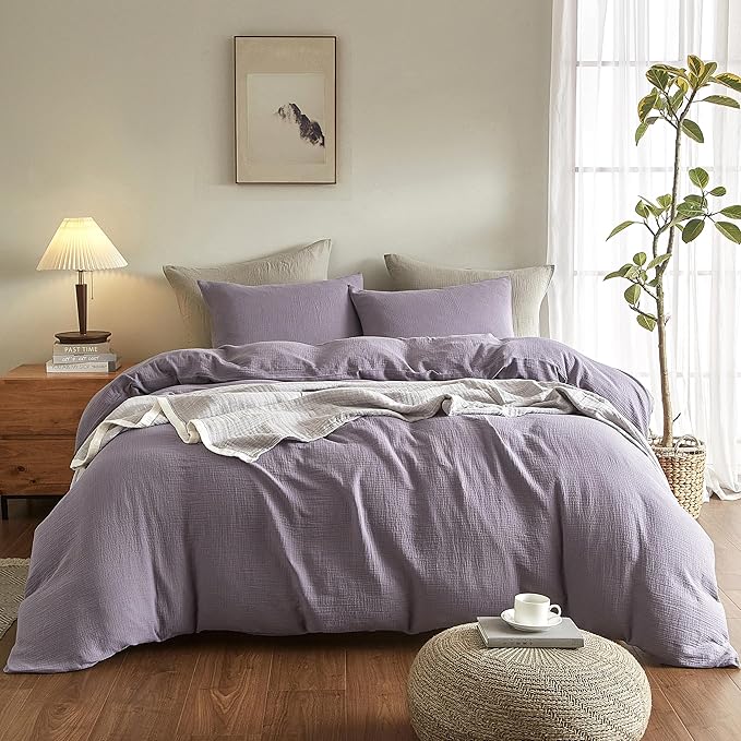 SE SOFTEXLY Muslin Duvet Cover King Size, 100% Washed Cotton Duvet Cover Set, Ultra Soft Comforter Cover Linen Like, 3 Pieces Minimalist Gauze Duvet Cover with 2 Pillowcases, 90"x104", Purple Grey