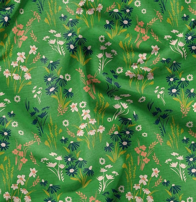 Soimoi Silky Satin Fabric Material, 1 Yard - 42" Inch Width, Green - Floral Print - Soft Shiny Fabric for Dress, Pillowcases, Pajamas, Evening Dress, DIY