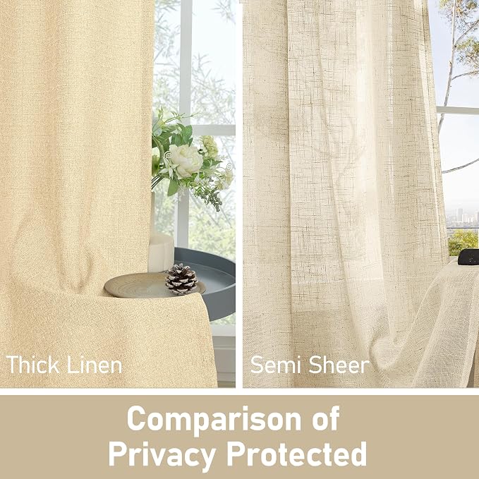 LAMIT Short Linen Kitchen Curtains 48 inch Length 2 Panels, Linen Textured Light Filtering Curtains Grommet Privacy Burlap Neutral Drapes for Bathroom/Bedroom, Sand, 42 x 48 Inch