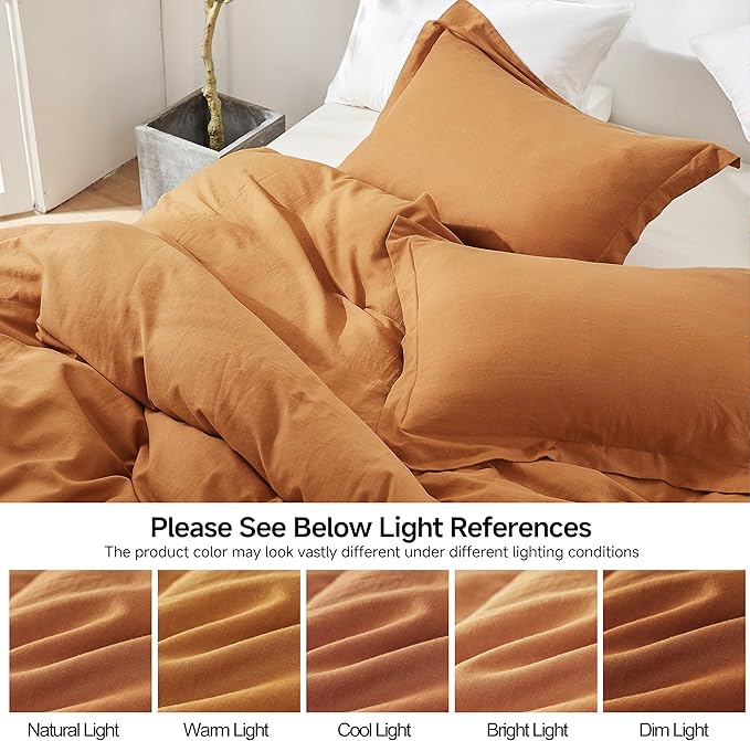 Simple&Opulence French Linen Duvet Cover Set 104"x 92"- 3 Pieces (1 Comforter Cover,2 Pillowcases)-Natural Flax Cotton Blend-Solid Color Breathable Farmhouse Bedding-Rust, King
