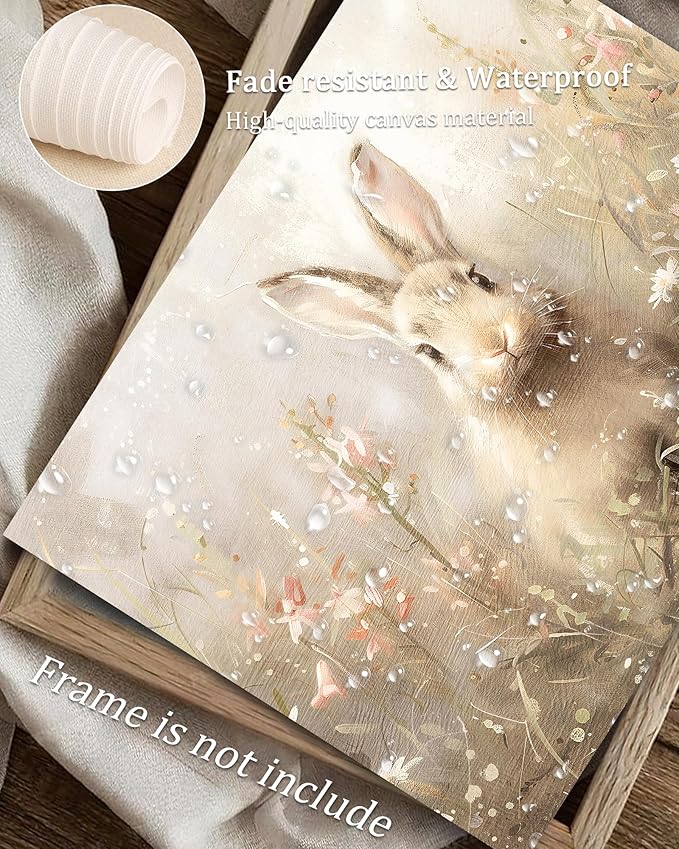 Vodefoad Easter Bunny Vintage Print, Rabbit in Spring Landscape Painting, Funny Rustic Summer Decor, Hare Nursery Wall Art Printable, Neutral Moody Meadow Oil Painting Vintage Art Pictures for Bedroom Bathroom Decor - 8x10Inch Unframe