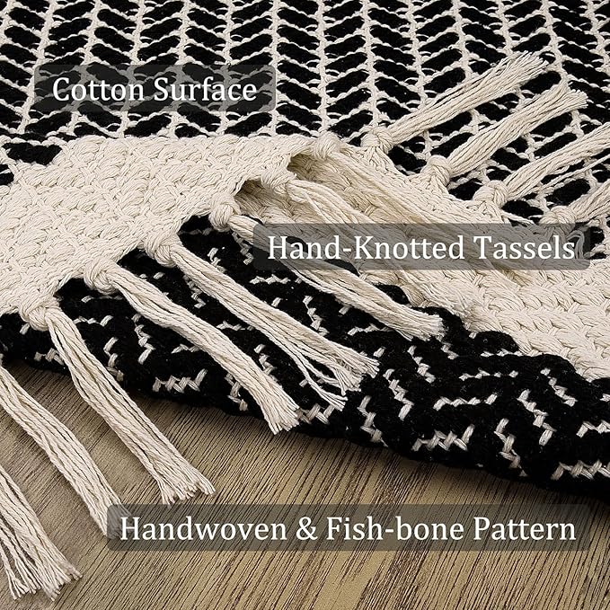 Lahome Belle Boho Kitchen Runner, 2x4.3 Bathroom Runner Rugs Lightweight Entryway Rug Woven Cotton Throw Mat with Tassels, Farmhouse Non Shedding Washable Black Low Pile Runners for Bedroom Doorway