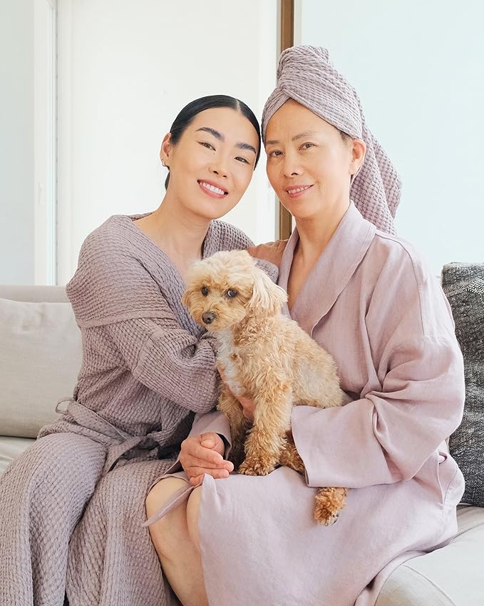Magic Linen - Unisex Waffle Bathrobe, Hooded Linen-cotton Blend Bath Robe, Lightweight Robe for Women and Men