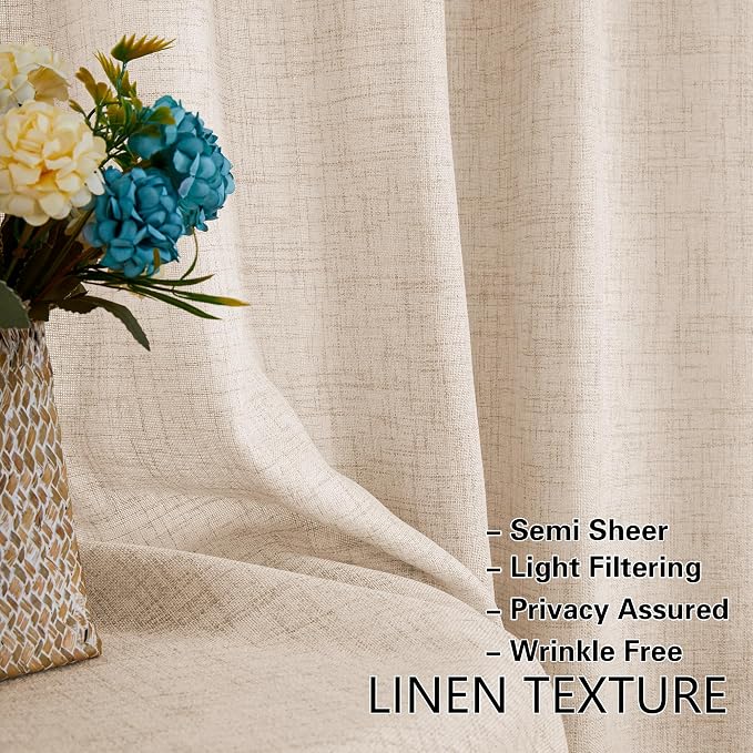 2 Pieces French Door Curtains Linen W35 x L72 Dual Rod Pocket Light Coffee Semi Sheer Curtains for French Door with Tieback for Privacy Protection Light Filtering for Kitchen Dining Room