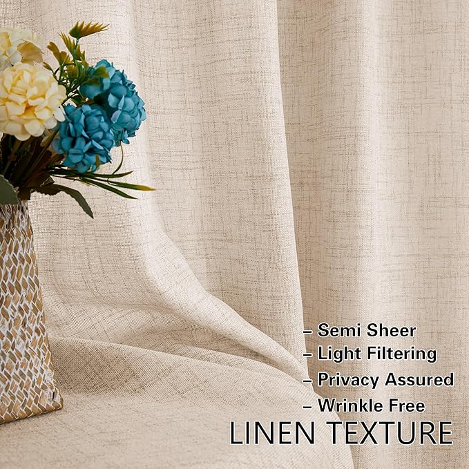 Linen Beige Sheer Curtains for Kitchen Window Bathroom French Door Curtains 2 Panels Dual Rod Pocket Semi Sheer Drapes for Glass Door with Tieback Privacy Light Filtering W25xL40