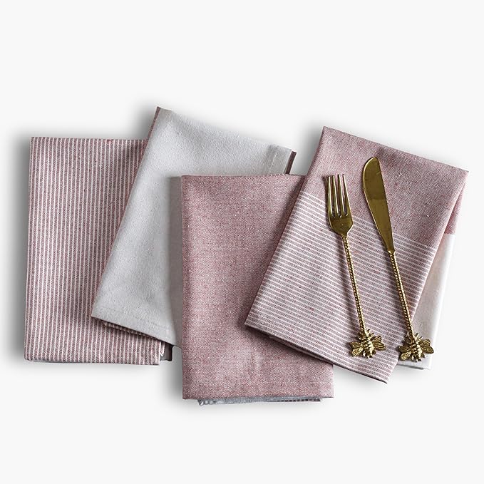 Ramanta Home Cloth Napkins Set of 4 18x18 Inches - Spring Basket Decor Block Striped Dinner Napkins for Easter Farmhouse Wedding, Washable Soft Cotton Durable Table Linen for Everyday Use - Rust