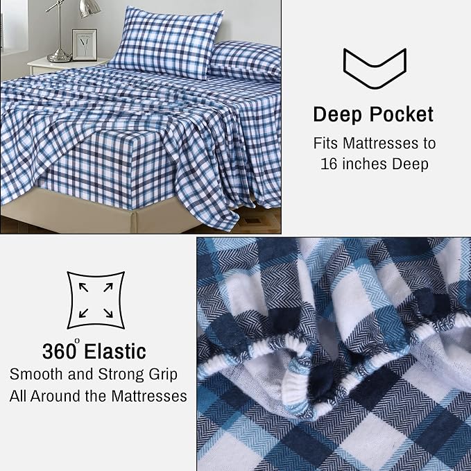 RUVANTI Flannel Sheets King Size - 100% Cotton Double Brushed King Size Sheets Set - Deep Pockets 16 Inches Bed Sheets - All Seasons Breathable & Extra Soft - Warm & Cozy, 4 Piece, Gingham Addition